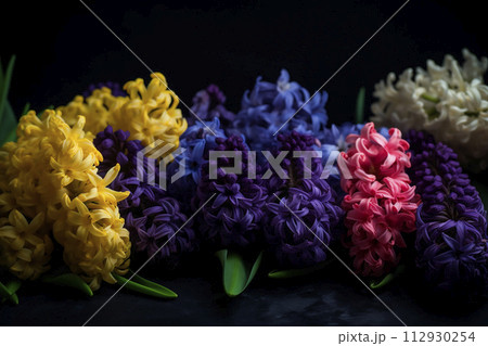 Group of vibrant and colorful jacintos flowers are arranged neatly on top of wooden table. Different hues and shapes of flowers create a visually appealing display. 112930254