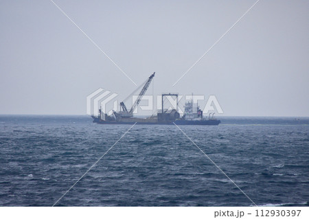 水平線近くを進む貨物船 112930397