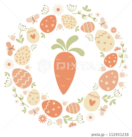 Easter card with carrots, flowers, leaves, eggs on a white background. Round ornament. Ideal for holiday design. Vector. 112931238