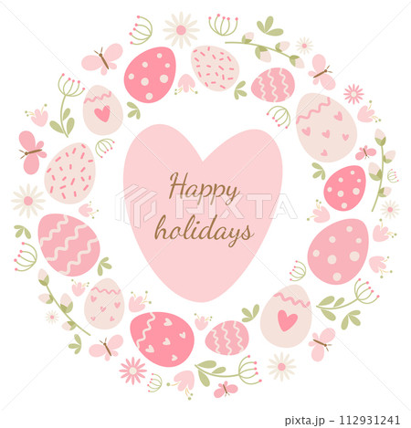 Easter card with heart, flowers, leaves, eggs on a white background. Round ornament. Ideal for holiday design. Vector. 112931241