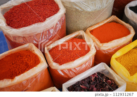 various spices in store in istanbul . 112931267