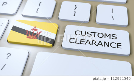 Brunei National Flag and Text Customs Clearance on Button 3D Illustration 112931540