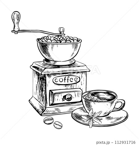 A coffee grinder grinds coffee beans. Vector black and white illustration illustration on a white isolated background. For printing, menus, postcards and packages. For banners, flyers and posters. A coffee grinder grinds coffee beans. Vector black and white illustration illustration on a white isolated background. For printing, menus, postcards and packages. For banners, flyers and posters. 112931716