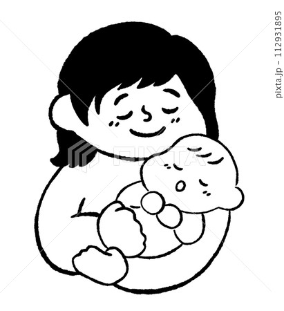 赤ちゃんを寝かしつけるお母さん 手描きイラスト素材 線画のイラスト