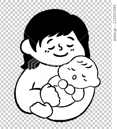 赤ちゃんを寝かしつけるお母さん 手描きイラスト素材 線画のイラスト