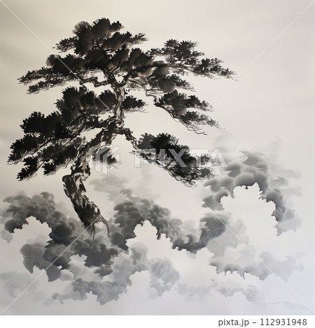 水墨画風の松　AI生成 112931948