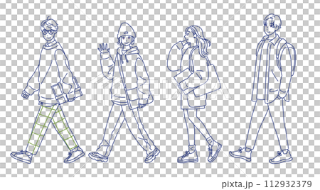 Four young men and women walking with smiles Four young men and women walking with smiles 112932379