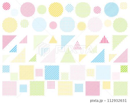 カラフルな幾何学模様の丸・三角・四角の飾りセット 112932631