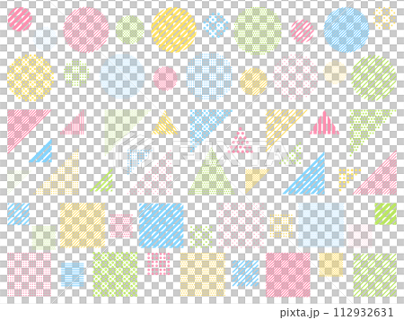 カラフルな幾何学模様の丸・三角・四角の飾りセット 112932631