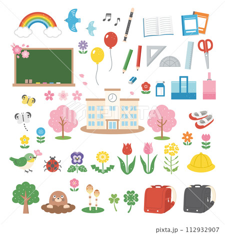 春の花と入学式のイラストセット 112932907