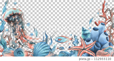 Underwater world clipart with sea animals whale, turtle, octopus, seahorse, starfish, shells, coral and algae. Hand drawn watercolor illustration. Border, template, frame isolated from the background. 112933110