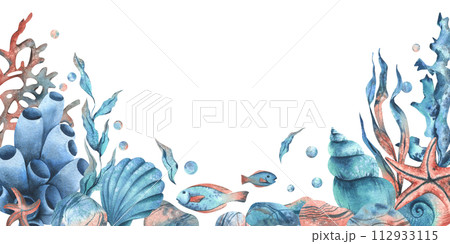 Underwater world clipart with sea animals whale, turtle, octopus, seahorse, starfish, shells, coral and algae. Hand drawn watercolor illustration. Border, template, frame isolated from the background. Underwater world clipart with sea animals whale, turtle, octopus, seahorse, starfish, shells, coral and algae. Hand drawn watercolor illustration. Border, template, frame isolated from the background. 112933115