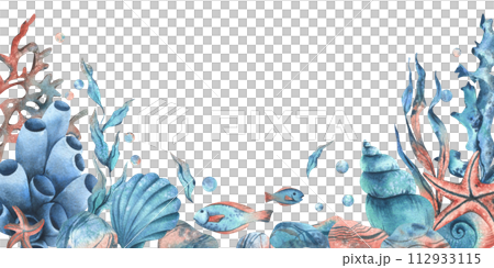 Underwater world clipart with sea animals whale, turtle, octopus, seahorse, starfish, shells, coral and algae. Hand drawn watercolor illustration. Border, template, frame isolated from the background. Underwater world clipart with sea animals whale, turtle, octopus, seahorse, starfish, shells, coral and algae. Hand drawn watercolor illustration. Border, template, frame isolated from the background. 112933115