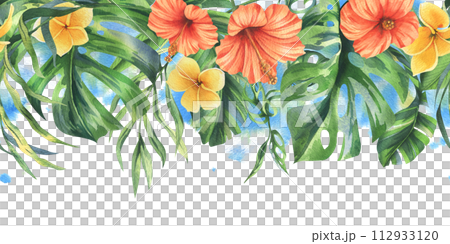 Tropical palm leaves, monstera and flowers of plumeria, hibiscus, bright juicy. Hand drawn watercolor botanical illustration. Seamless border is isolated from the background. Tropical palm leaves, monstera and flowers of plumeria, hibiscus, bright juicy. Hand drawn watercolor botanical illustration. Seamless border is isolated from the background. 112933120