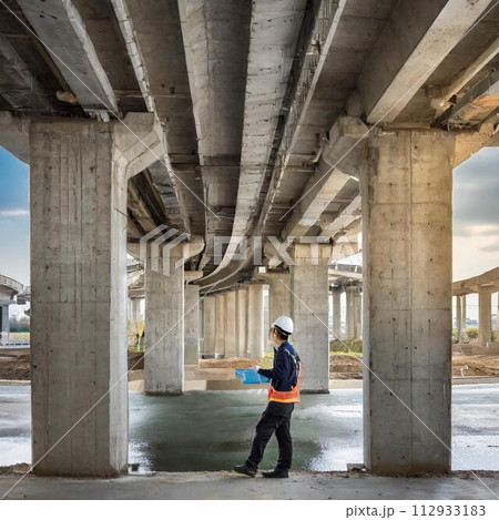 橋脚コンクリートを目視点検する男性作業員 112933183
