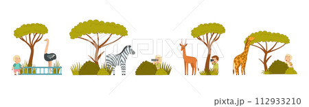 Safari Tour and Zoo Visit with Kids Watch Wild Animal Vector Set 112933210