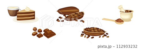 Chocolate Product with Pod, Bar and Dessert Vector Set 112933232