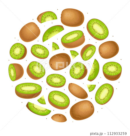Sweet Kiwi Fruit Round Composition Design with Green Food Vector Template Sweet Kiwi Fruit Round Composition Design with Green Food Vector Template 112933259