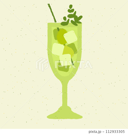 Green cocktail with greens, grapes and ice cubes in stemware glass. Grape fizz cocktail Green cocktail with greens, grapes and ice cubes in stemware glass. Grape fizz cocktail 112933305
