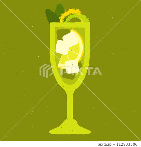 Green cocktail with lemon, mint and ice cubes. Mojito in stemware glass. Citrus soda 112933306