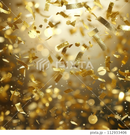 Gold confetti falling on a shiny gold background 112933406