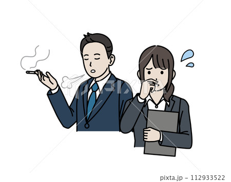 タバコの煙や臭いに困る女性会社員のイラスト タバコの煙や臭いに困る女性会社員のイラスト 112933522
