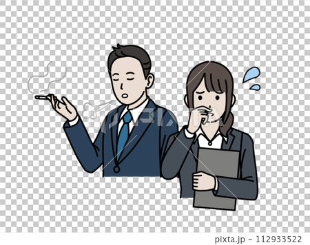 Illustration of a female office worker troubled by cigarette smoke and odor 112933522