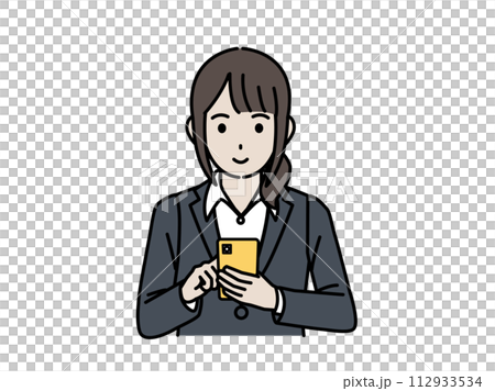 スマートフォンを使う女性会社員のイラスト 112933534