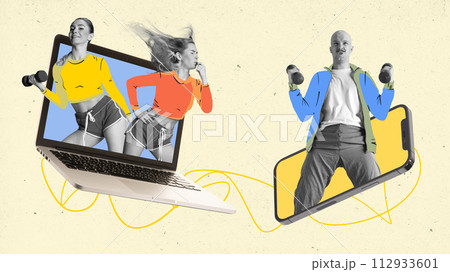 Contemporary art collage. Young people doing exercises in action while standing in laptop and phone. 112933601