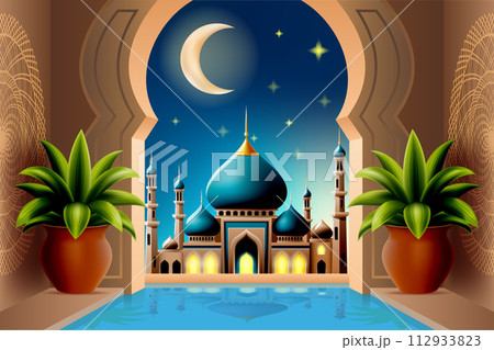 islamic mosque muslims for prayers vector illustration islamic mosque muslims for prayers vector illustration 112933823