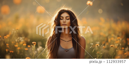 Young woman in a field at sunset, golden light, natural beauty, concept of tranquility. 112933957