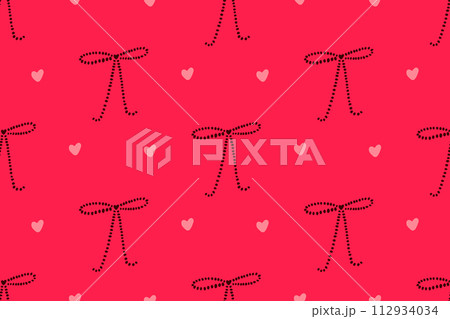 Red texture, minimalist bows and hearts, bold wrapping paper seamless vector pattern 112934034