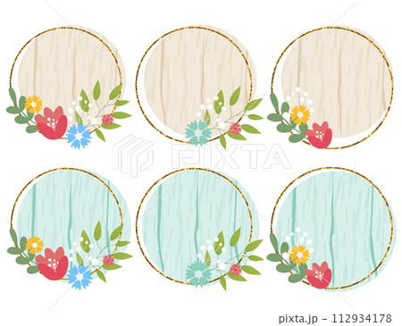 Wooden circle sign elements with flowers. Vector wood board, frame, badge, label, shield, signboard collection. Brown and light blue background for your text. Vector illustration. 112934178