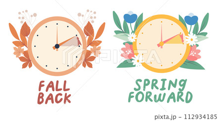 Spring forward and fall back concept in flat style, change clock forward and back one hour, Daylight Saving Time web vector reminder banner. Minimalist aesthetic web banner. 112934185