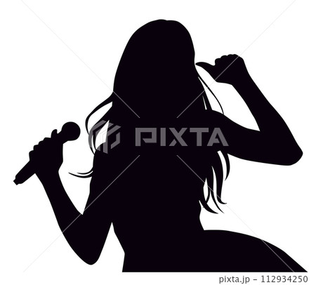マイクを持って歌う女性アイドルシルエット_上半身 マイクを持って歌う女性アイドルシルエット_上半身 112934250