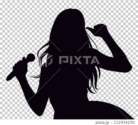 マイクを持って歌う女性アイドルシルエット_上半身 マイクを持って歌う女性アイドルシルエット_上半身 112934250