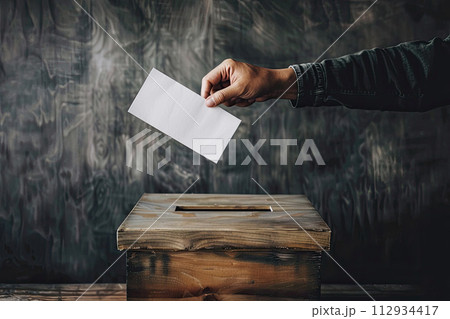 Hand putting a blank ballot inside the box, elections concept. Ai generative 112934417
