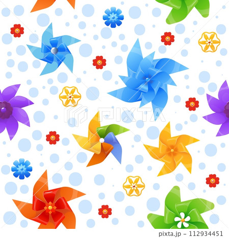 Color pinwheels seamless pattern. Cartoon windmills toys. Repeated print. Spinning origami. Summer kids paper propellers. Rotated fans. Breeze mills twirl. Vane blades. Vector background Color pinwheels seamless pattern. Cartoon windmills toys. Repeated print. Spinning origami. Summer kids paper propellers. Rotated fans. Breeze mills twirl. Vane blades. Vector background 112934451