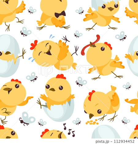Cute chicken seamless pattern. Cartoon bird character. Funny Easter mascot. Repeated print. Yellow baby nestling. Domestic animal. Birdie eating worm or grains. Splendid vector background 112934452