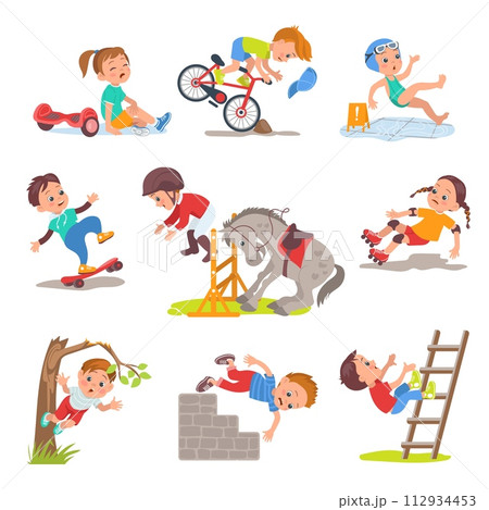 Falling kids. Cute boys and girls stumble and slip. People lose their balance at skateboard or bicycle. Crying children. Injuries and bruises. Teenager climbing tree. Splendid vector set 112934453