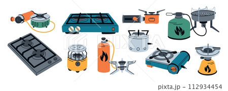 Gas stoves. Travel and hiking portable burners. Cooking outdoors device. Camping furnace. Propane cylinder. Fuel balloon. Touristic kitchen equipment. Fire flame cooker. Garish vector set 112934454