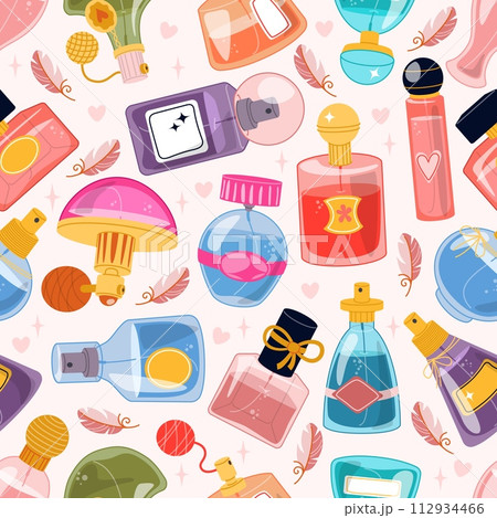 Perfume flasks seamless pattern. Different design spray bottles. Repeated perfumery print. Toilet water and colognes vials. Beauty products. Aroma cosmetics. Recent vector background Perfume flasks seamless pattern. Different design spray bottles. Repeated perfumery print. Toilet water and colognes vials. Beauty products. Aroma cosmetics. Recent vector background 112934466
