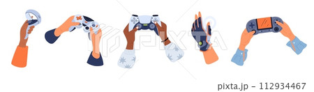 Retro video game controllers in hands. People holding joysticks. E-sports attributes. Electronic playing process. Gamers arms with control gamepad. Videogame glove. Garish vector set Retro video game controllers in hands. People holding joysticks. E-sports attributes. Electronic playing process. Gamers arms with control gamepad. Videogame glove. Garish vector set 112934467