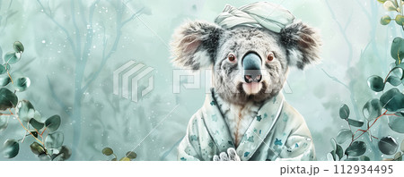 Creative portrayal of a koala in a bathrobe, towel turban, in a eucalyptus watercolor fantasy 112934495