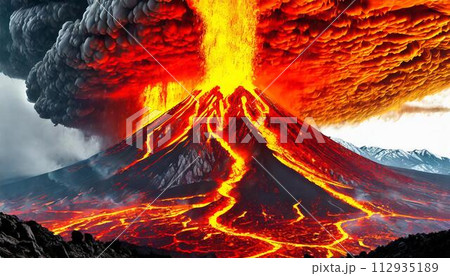 山頂から噴火する火山とマグマ_04_AI生成画像 112935189