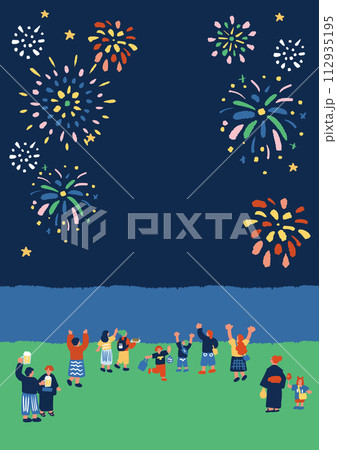 花火を見る人々の手描きイラスト 112935195