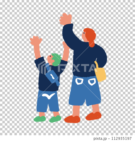 Hand-drawn illustration of a parent and child from behind raising their hands in joy 112935197