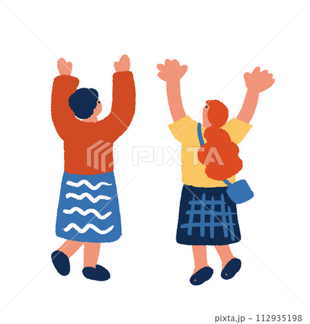 両手をあげる二人の女性の後ろ姿の手描きイラスト 両手をあげる二人の女性の後ろ姿の手描きイラスト 112935198