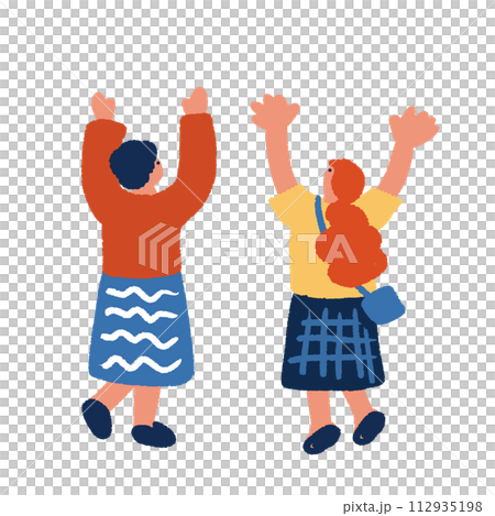 両手をあげる二人の女性の後ろ姿の手描きイラスト 両手をあげる二人の女性の後ろ姿の手描きイラスト 112935198