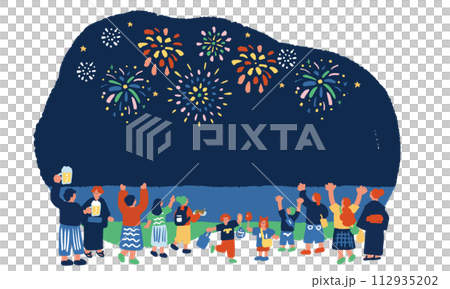 花火大会を見る人々のシンプルでフラットなイラスト 112935202